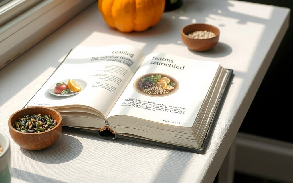 Otevřená kniha nebo tablet s obrázky zdravého jídla, symbolizující učení a výživu.