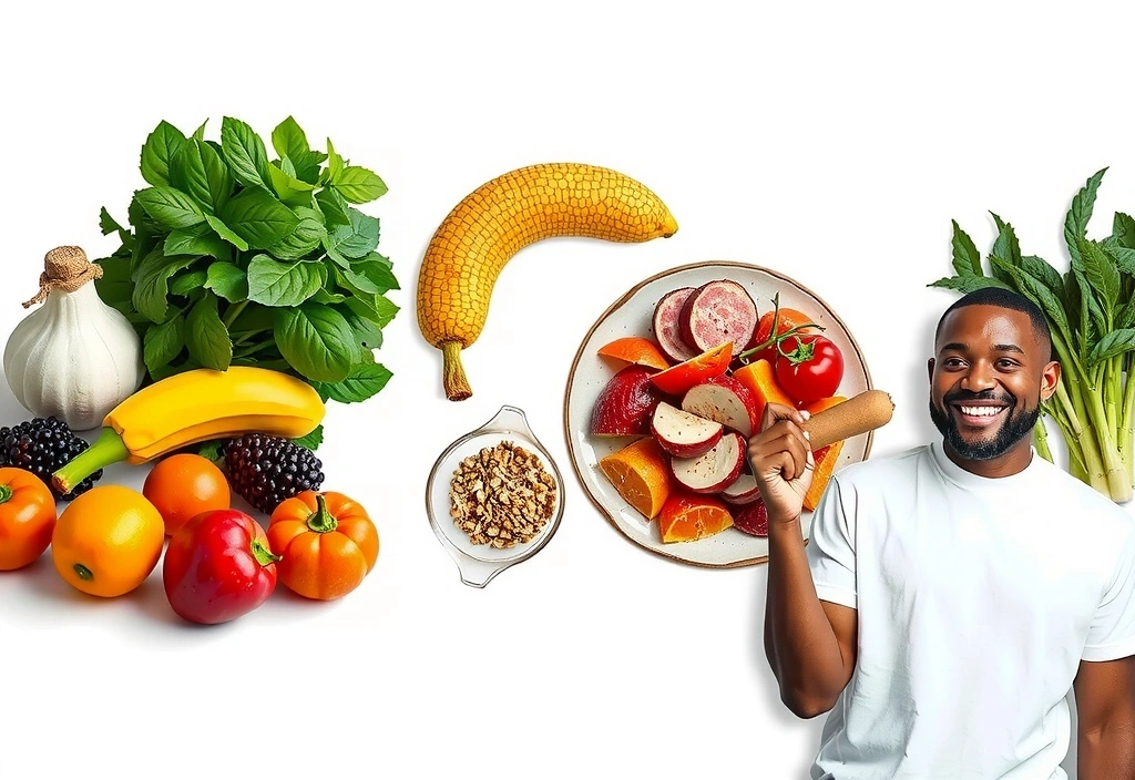 Moderní, čistý a lákavý obrázek zdravých potravinových ingrediencí a usmívajícího se člověka, vyzařující zdraví a vitalitu.