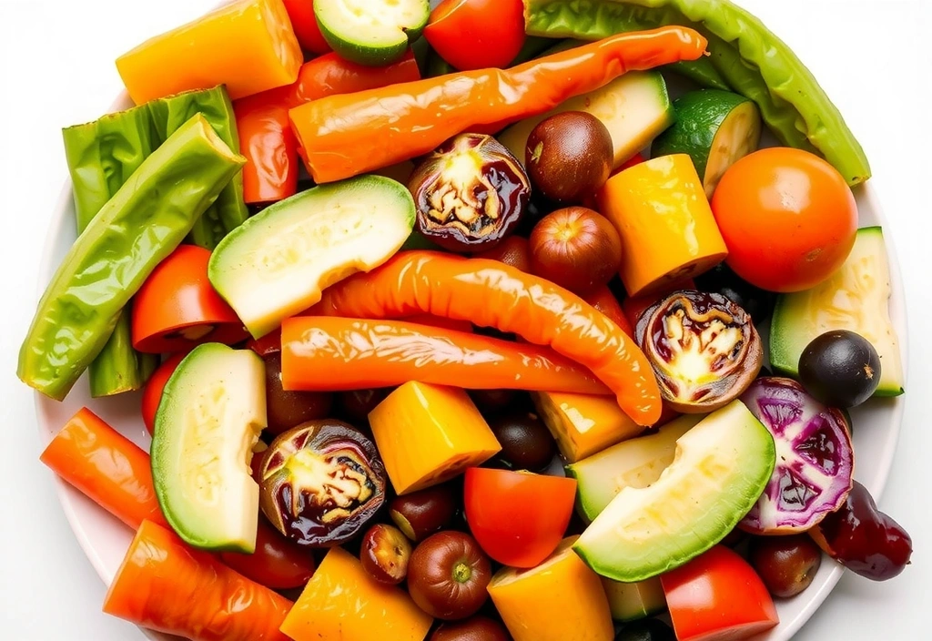 Obrázek talíře plného barevné, zdravé zeleniny.