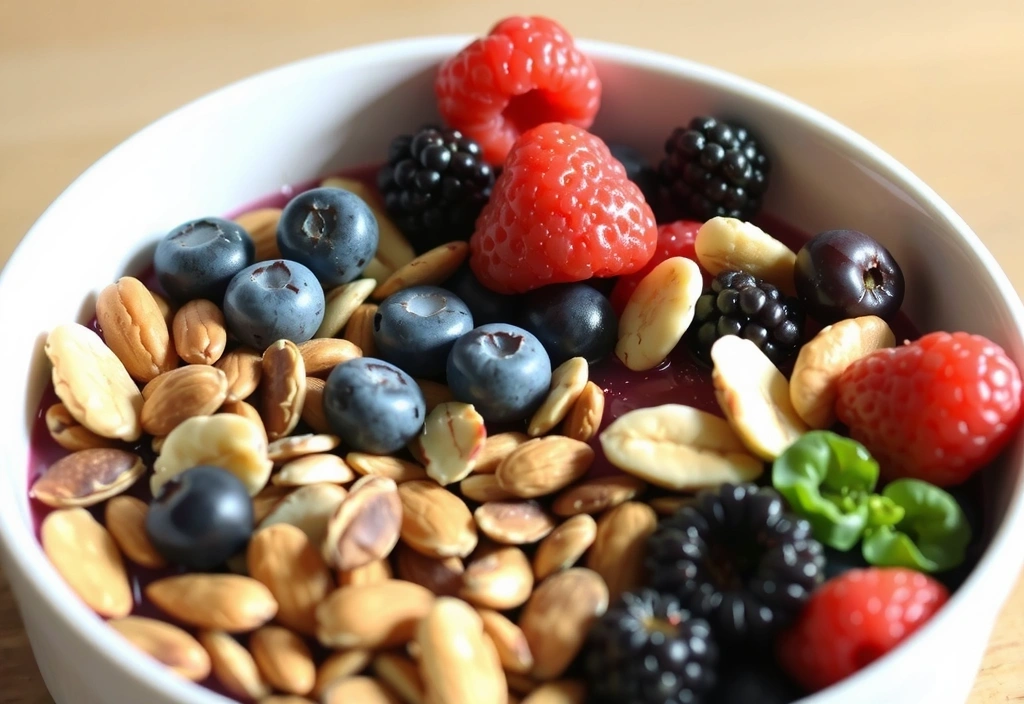 Obrázek mísy plné superpotravin, jako jsou bobule, ořechy a semínka.