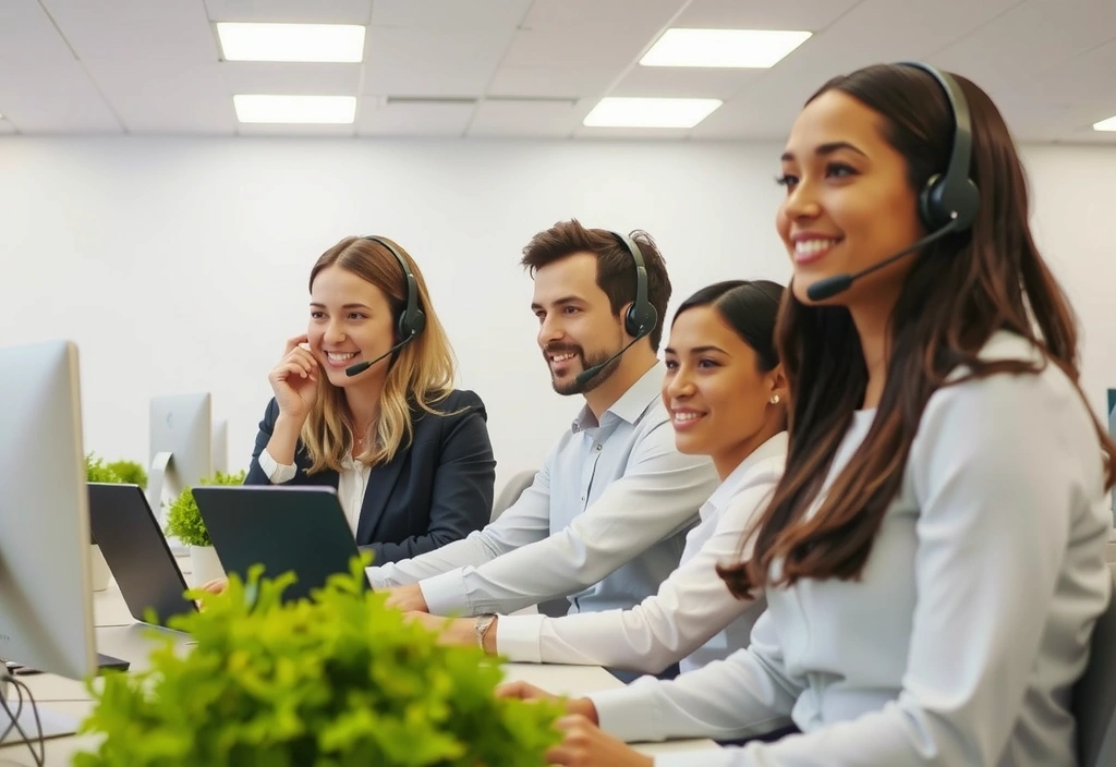 Ilustrace moderního kontaktního centra s usměvavou obsluhou