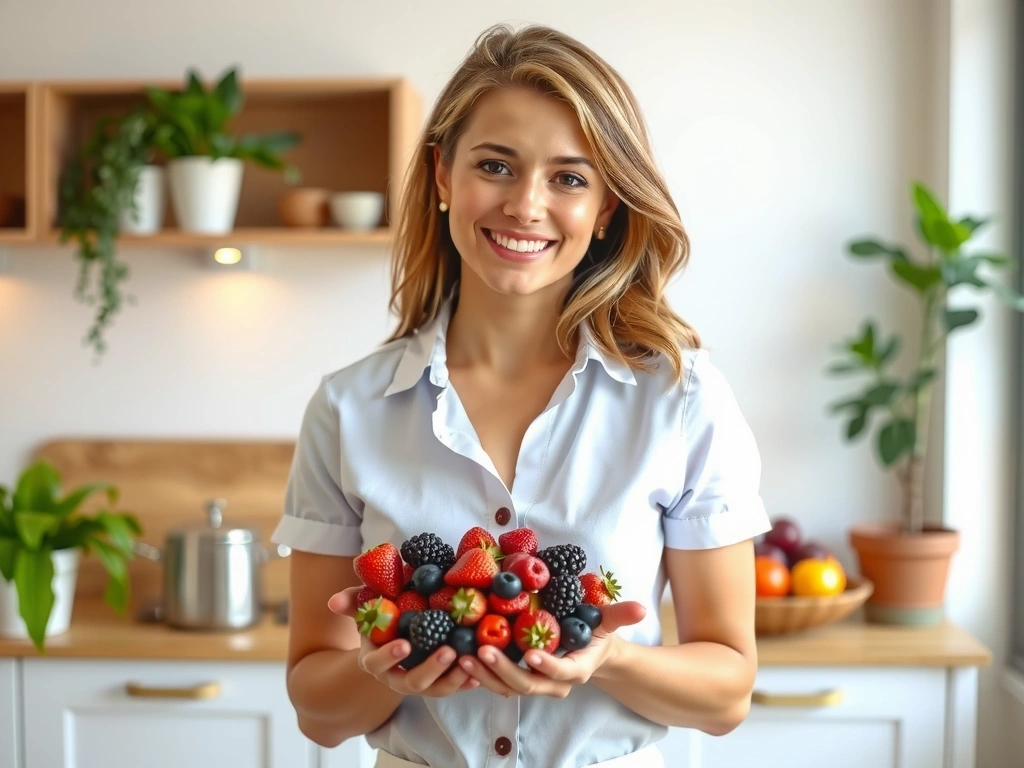 Dietetyk [Twoje Imię i Nazwisko] uśmiecha się, trzymając w ręku świeże owoce, w tle nowoczesna kuchnia z elementami drewna i roślin