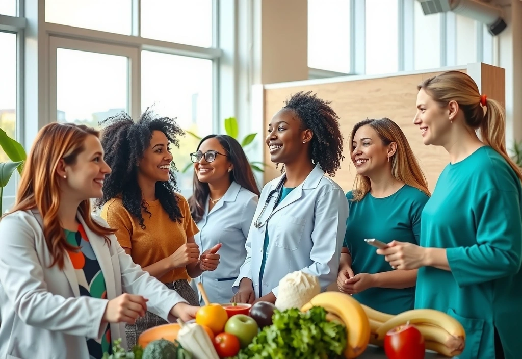 Tým nutričních specialistů spolupracuje v moderní kanceláři, symbolizující růst a zdraví.