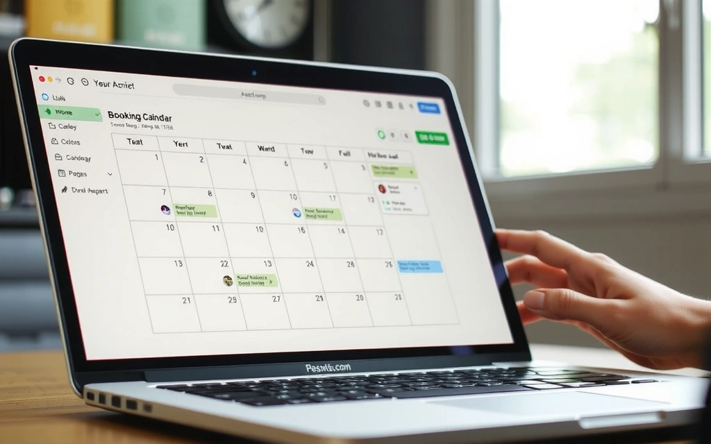 Obrázek kalendáře a osoby provádějící online rezervaci na notebooku, znázorňující pohodlí.
