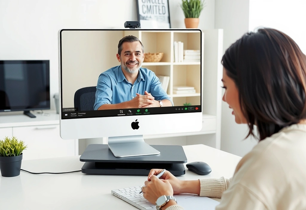 Obrázek osoby účastnící se videokonference s odborníkem na výživu.
