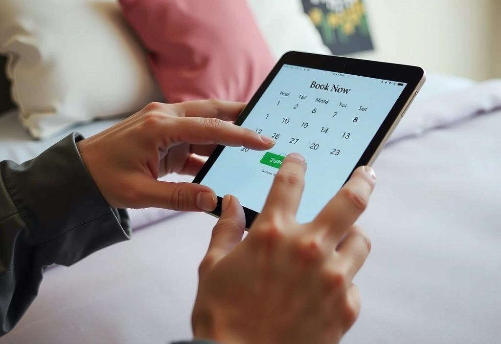 Obrázek ruky klikající na tlačítko 'Rezervovat' v online kalendáři.