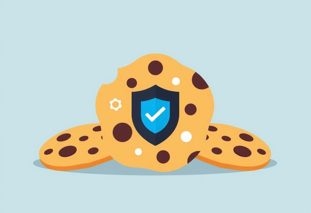 Ilustracja przedstawiająca ciasteczka (cookies) z ikonami ustawień i tarczą ochronną, symbolizującą zarządzanie zgodami na pliki cookie.