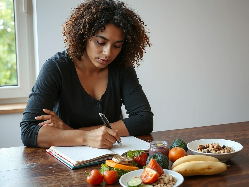 Osoba zamyšleně prohlížející zdravé jídlo, symbolizující komplexní nutriční služby