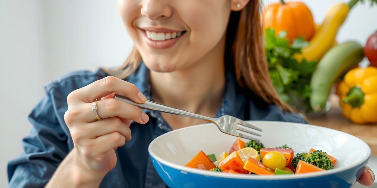 Uśmiechnięta osoba ciesząca się zdrowym posiłkiem na tle zielonych warzyw i owoców, symbolizująca witalność i dobre samopoczucie.