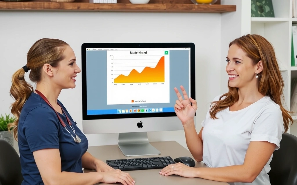 Dietetyk i klientka analizują wykres postępów na ekranie komputera, uśmiechając się i rozmawiając o osiągnięciach.