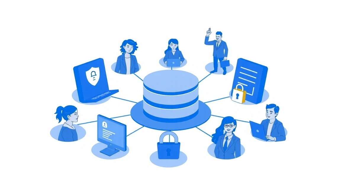 Ilustrace sběru dat, s ikonami soukromí a ochrany